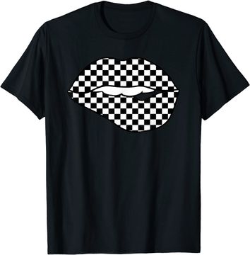 Discover Checkered Black White Lip Gift Checkerboard Women T-Shirt