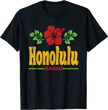 Discover Honolulu Hawaii Flowers Distressed Color Print T-Shirt