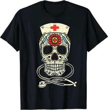 Discover Nurse Sugar Skull Stethoscope Medical Halloween Costume T Shirt