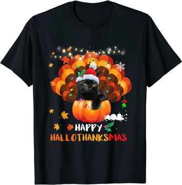 Discover Happy Hallothanksmas Pumpkin Turkey Black Cat Lovers Gifts T-Shirt