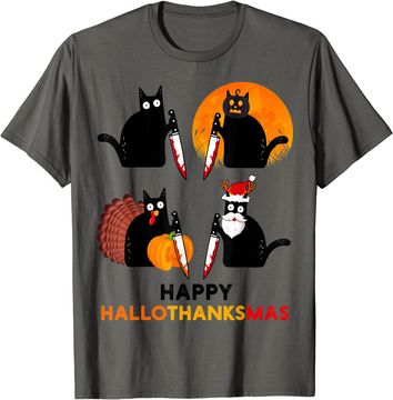 Discover Happy Hallothanksmas Black Cat Halloween Thanksgiving T-Shirt