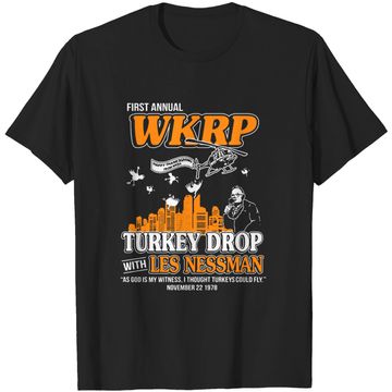 Discover First Annual WKRP Turkey Drop Les Nessman T Shirt