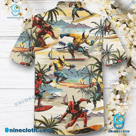 Deadpool and Wolverine Surfing Hawaiian Shirt
