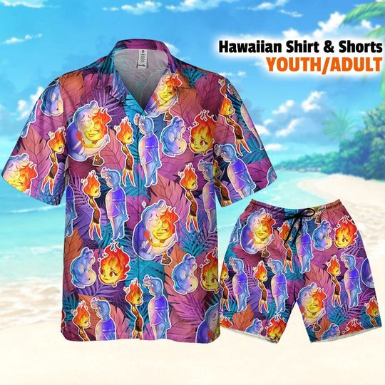 Disney Pixar Elemental Colorful Summer Tropical, Disney Hawaii Shirt, Disney Aloha Shirt and short