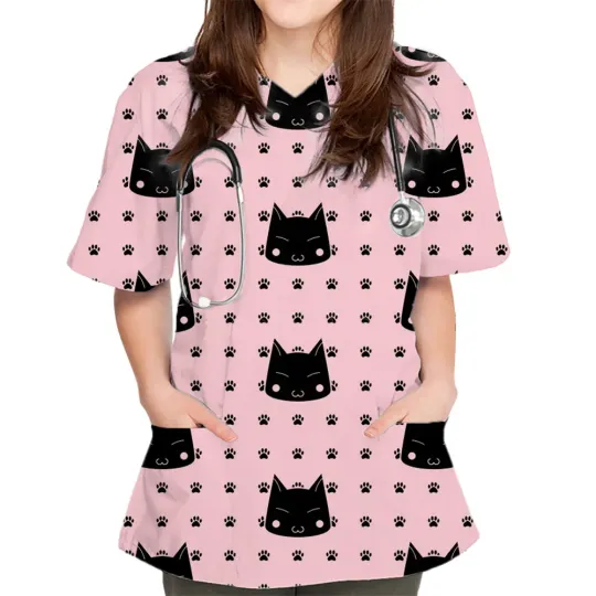 Black Kitty Scrubs Top, Nurse Casual Shirt