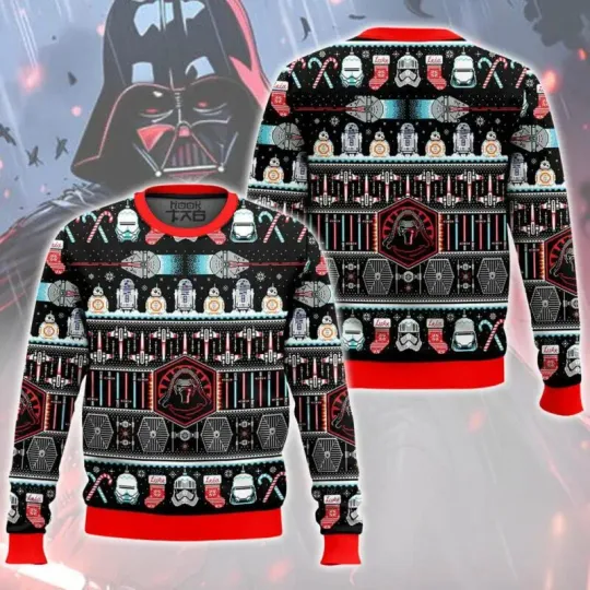 Darth Vader Pattern Ugly Christmas Sweater Funny Holiday Party Pullover Winter Warm Cozy Vintage Jumper for Men Xmas Gift 2026