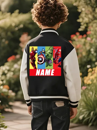 Marvel boys' baseball jacket - featuring classic hero prints like Iron Man and Captain America, with eye-catching double-