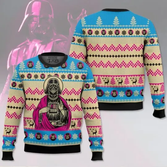 Darth Vader Pattern Ugly Christmas Sweater Funny Holiday Party Pullover Winter Warm Cozy Vintage Jumper for Men Xmas Gift 2026