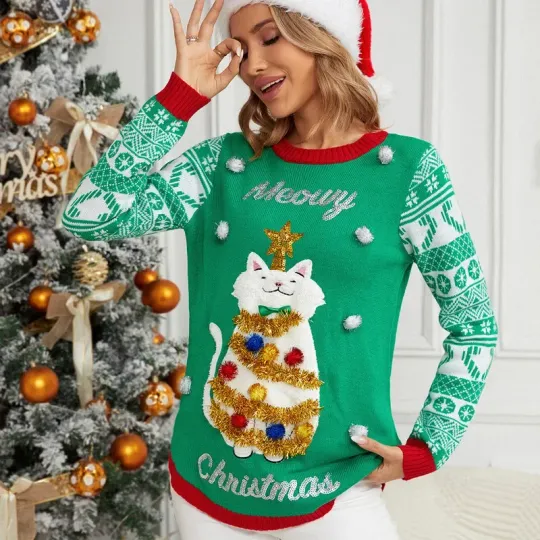 Y2k Style Women's Christmas Sweaters 3d Cartoon Cat Jumper Full Sleeve O Neck Soft Loose Xmas Look Pullover Top