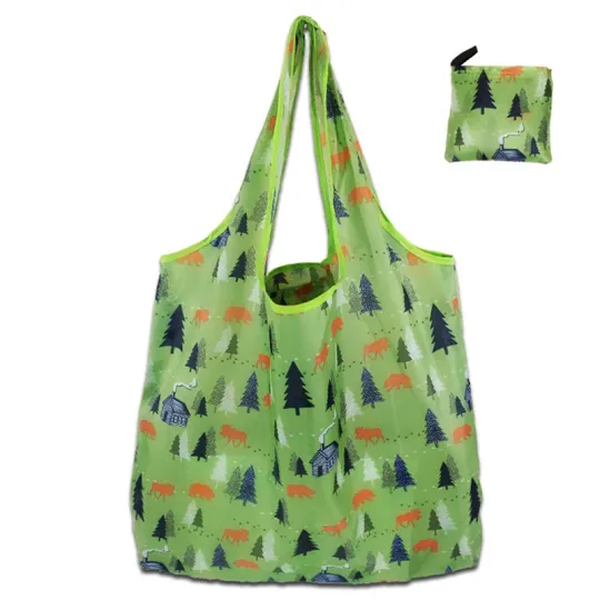 Green Tote Bag With Trees Pattern