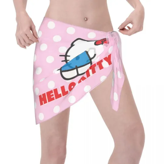 Hello Kitty Catoon Cat Sarong Wraps for Women Swimsuit Coverup Sheer Beach Bathing Suit Chiffon Cover Up Skirt for Swimwear