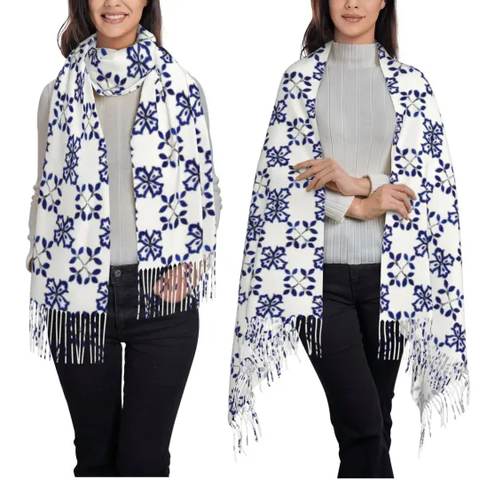 Azulejo Portuguese Tile Watercolor Artwork Scarf Tassel Scarves for Women Soft Warm Shawls and Wraps Long Fall Winter Shawl Wrap