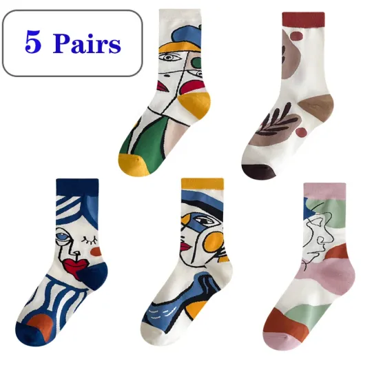 5 Pairs Graffiti Socks Personality Tide Funny Korean Version Mid Tube Couple Socks Harajuku Style Colorful Cute Flower Socks