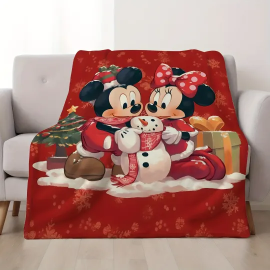 Christmas Mickey & Minnie Snowman Throw Blanket, Disney Holiday Decor