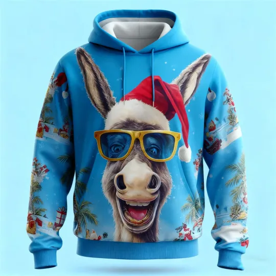 Men's Funny Christmas Donkey Graphic Hoodies 3D Printed Abstract Animal Pattern Hooded Sweatshirts Loose Casual Comfortable Tops