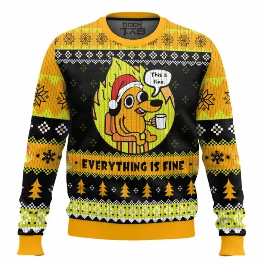 This is Fine Meme Ugly Christmas Sweater Funny Holiday Christmas Party Pullover Plus Size Jumper for Men Women Xmas Gift