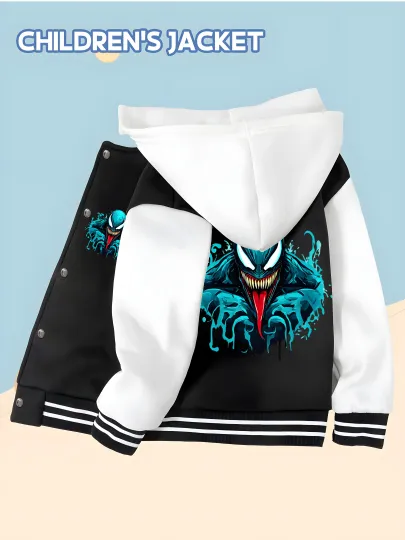 Marvel Boys' Baseball hooded Jacket - Cool Venom Print, Double-Sided Pattern, Soft Fabric