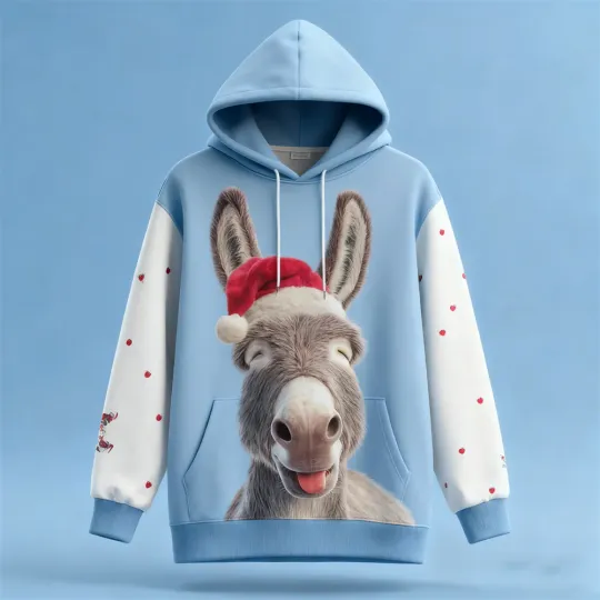 Men's Funny Christmas Donkey Graphic Hoodies 3D Printed Abstract Animal Pattern Hooded Sweatshirts Loose Casual Comfortable Tops