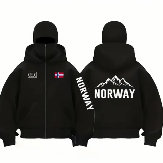 Autumn Winter Men's and Women's Norway flag pattern fleece zip up hoodies Balaclava Hooded Mask Design Fashionable sweatshirt