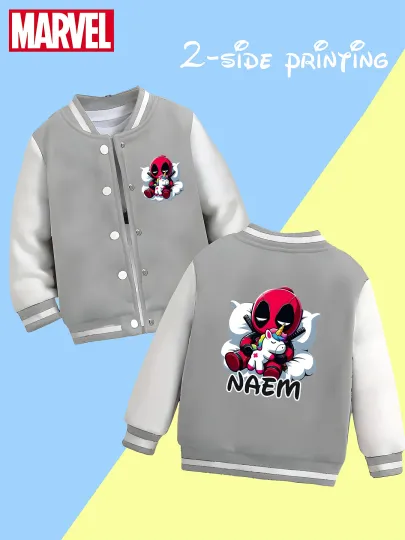 Marvel Boys Baseball Jacket - Deadpool Holding Unicorn Cute Print