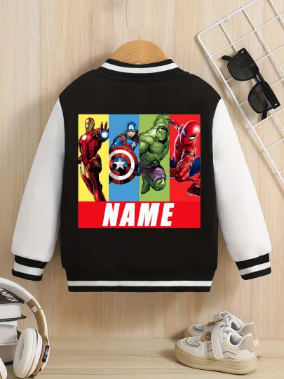 Marvel boys' baseball jacket - featuring classic hero prints like Iron Man and Captain America, with eye-catching double-