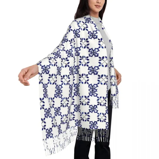 Azulejo Portuguese Tile Watercolor Artwork Scarf Tassel Scarves for Women Soft Warm Shawls and Wraps Long Fall Winter Shawl Wrap