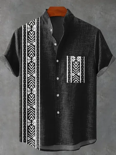 New ethnic-style shirt pattern casual design men's linen printed short-sleeved shirt button fashionable top