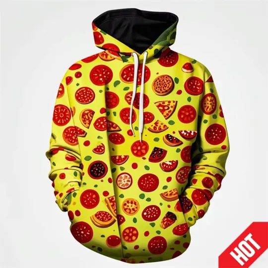 3d Print Pizza Hoodie Funny Men Clothes Delicious Food Pattern Drawstring Hooded Coat Personality Gift 2025 Spring Sweatshirt
