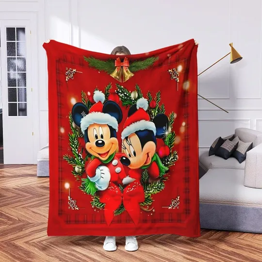 Christmas Mickey & Minnie Snowman Throw Blanket, Disney Holiday Decor