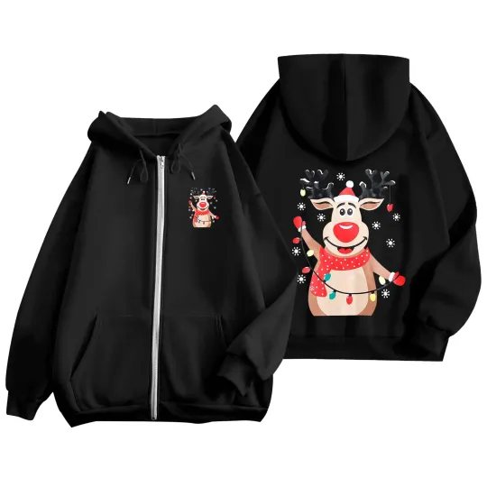 Christmas Reindeer Double Sided Zipper Hoodie | Unisex Zip Up Jacket