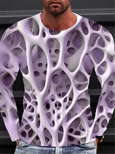 Fashionable Men's Printed T-shirt Optical Illusion Round Neck Long Sleeved Street Harajuku Exaggerated Designer Round Neck Top