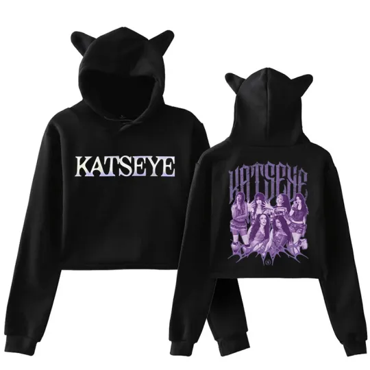 Katseye Funny Print Cropped Hoodies Graphic Cute Cat Ears Crop Tops