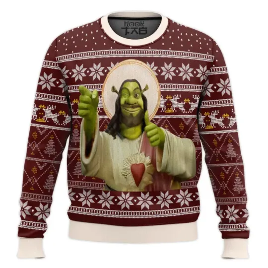 Funny Jesus Shrek Ugly Christmas Sweater Novelty Holiday Party Pullover Warm Cozy Oversize Sweater for Men Women Xmas Gift 2026