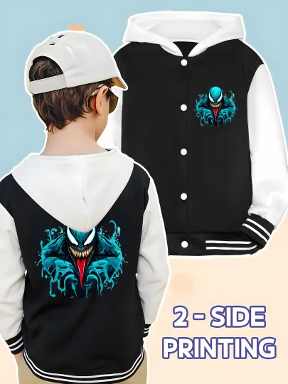 Marvel Boys' Baseball hooded Jacket - Cool Venom Print, Double-Sided Pattern, Soft Fabric