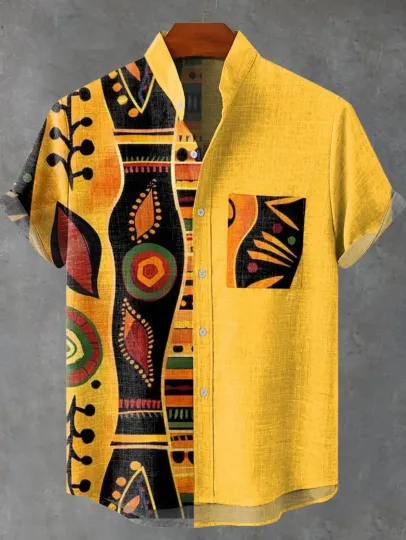 New ethnic-style shirt pattern casual design men's linen printed short-sleeved shirt button fashionable top