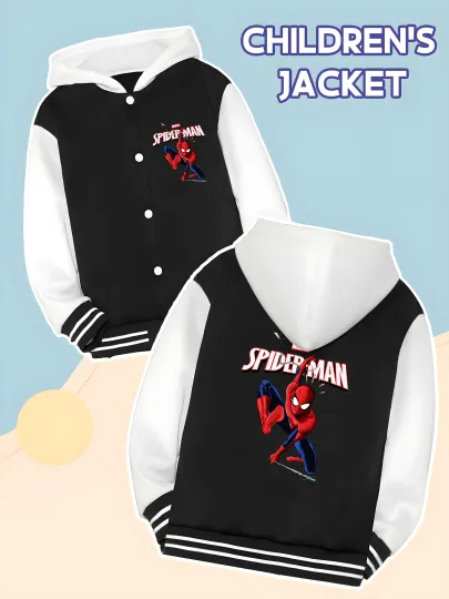 Marvel Boys' Baseball hooded Jacket - Spider-Man Classic Battle Stance Double-Sided Pattern, Soft Fabric