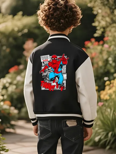 Marvel boys' baseball jacket - Spider-Man comic scene print, double-sided story clips, suitable for school, reading shari