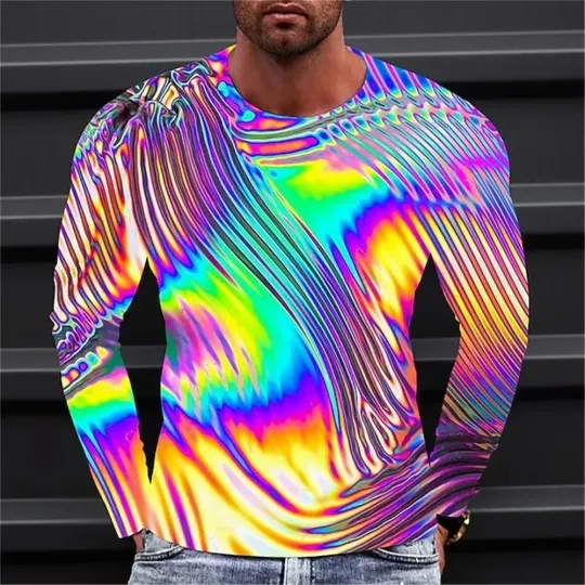Fashionable Men's Printed T-shirt Optical Illusion Round Neck Long Sleeved Street Harajuku Exaggerated Designer Round Neck Top