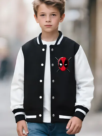 Marvel boys' baseball jacket - Deadpool 3D lettering print, double-sided to highlight individual style, suitable for dail