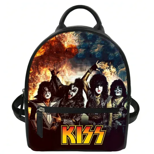 Kiss Rock Band Mini PU Backpack for Women Vintage Leather Daypack Schoolbag and Travel Bag