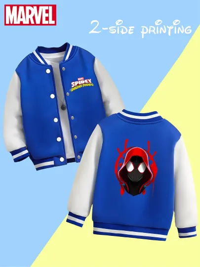 Marvel Boys' Baseball Jacket - Spider-Man Double-Sided Pattern, Comfortable Fabric, Black and White, Trendy for Fall and