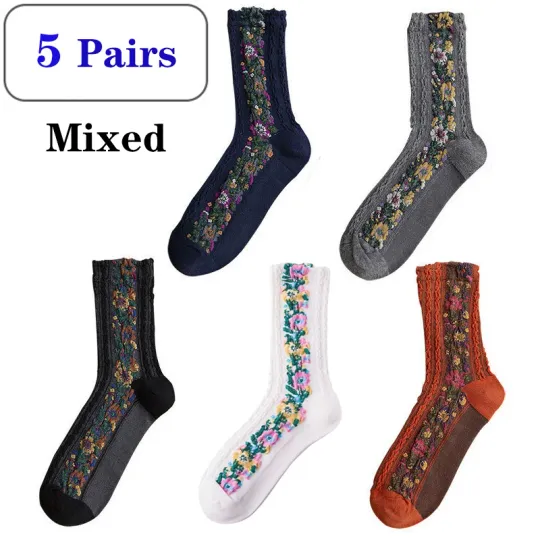 5 Pairs Graffiti Socks Personality Tide Funny Korean Version Mid Tube Couple Socks Harajuku Style Colorful Cute Flower Socks