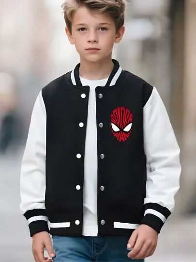 Marvel boys' baseball jacket - Spider-Man hand gesture spiderweb print, double-sided display of classic action, suitable