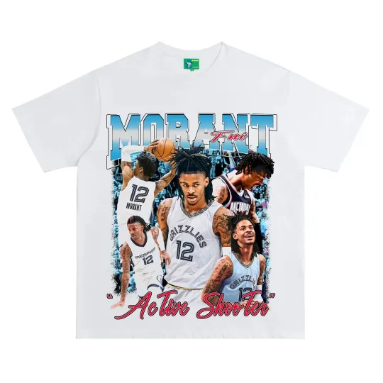 Retro American High Street Morant Print Ort Sve Waed Heavyweight Fashion Unisex Casual T-shirt Loose Fit Round  Versatile Youth