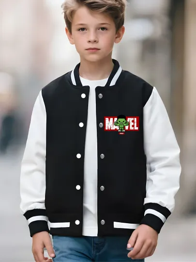 Marvel Boys' Baseball Jacket - Hulk Print, Double-Sided Pattern, Soft Fabric