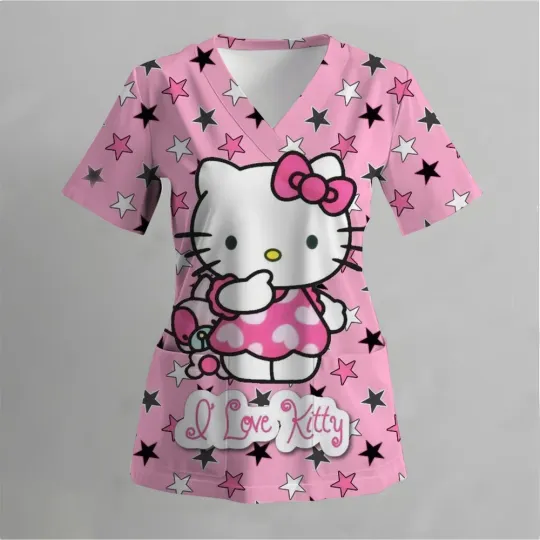 Cartoon Color Blocking Hello Kitty Print Nurse Scrubs Women V-Neck Hospital Top