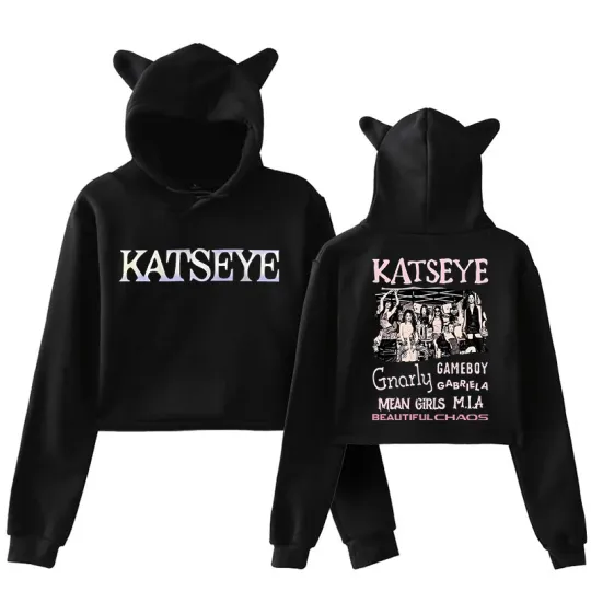 Katseye Funny Print Cropped Hoodies Graphic Cute Cat Ears Crop Tops