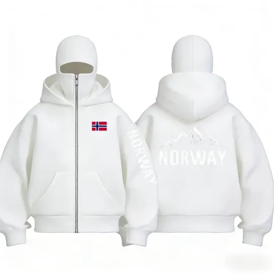 Autumn Winter Men's and Women's Norway flag pattern fleece zip up hoodies Balaclava Hooded Mask Design Fashionable sweatshirt