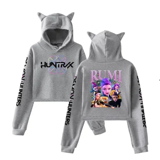 Cat Ear Cropped Hoodie with Ears Print, Fleece Lined, Casual Women's Hoodie, Halloween Costume