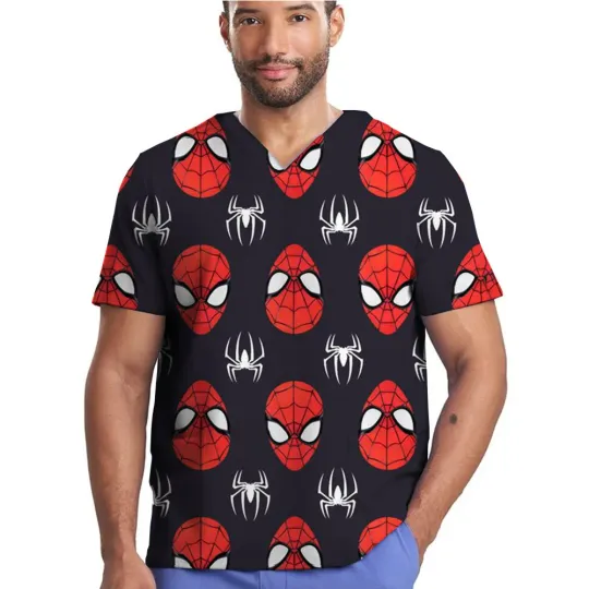 Disney Marvel Spider Nurse Scrub Tops Unisex - V-neck Cartoon Dental and Hospital Nursing Shirts